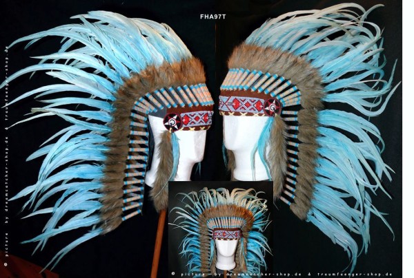 Indianer-Haube echte lane Federn Azur-Blau