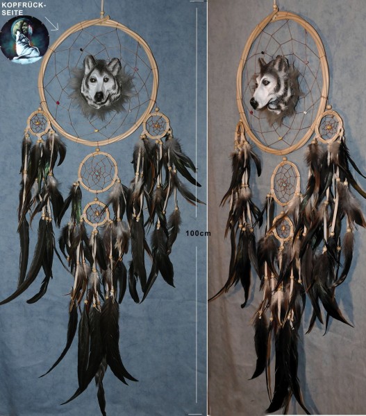 XXL 100cm Traumfänger Wolfskopf Leder Motiv Rückseitig