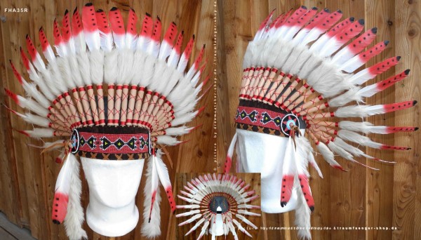 Indianer Federkopfschmuck mit 36 echten Federn rot-weiss