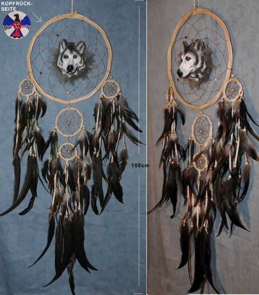 XXL Wolfskopf Traumfänger Natur-Holzringe 26/100cm