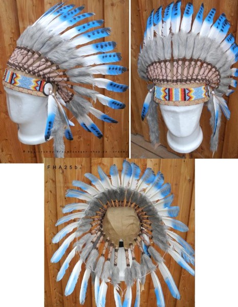 Indianer-Kopfschmuck Haube mit 34 Federn weiss-blau