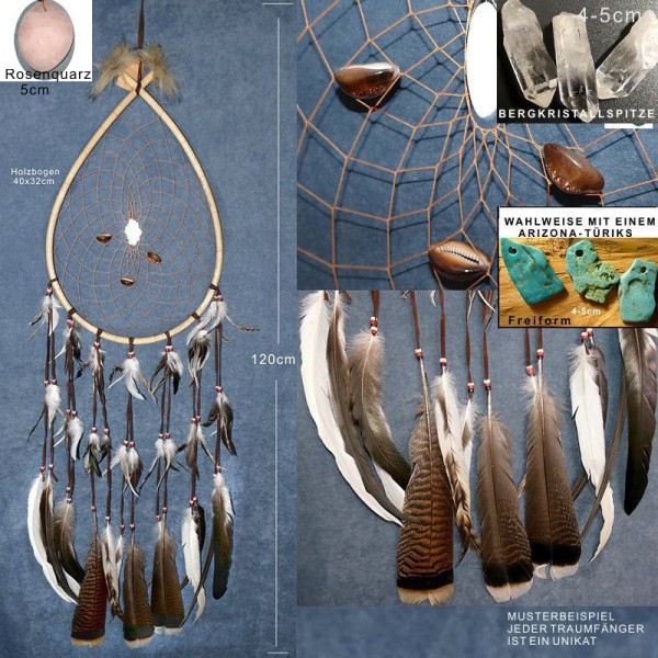 XXL-Traumfänger wahlweise mit einer Bergkristallspitze,Türkis,Rosenquarz