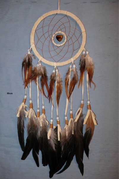 Traumfänger Leder naturhellgrau bis beigé-grau mit Edelstein Herz, 55cm